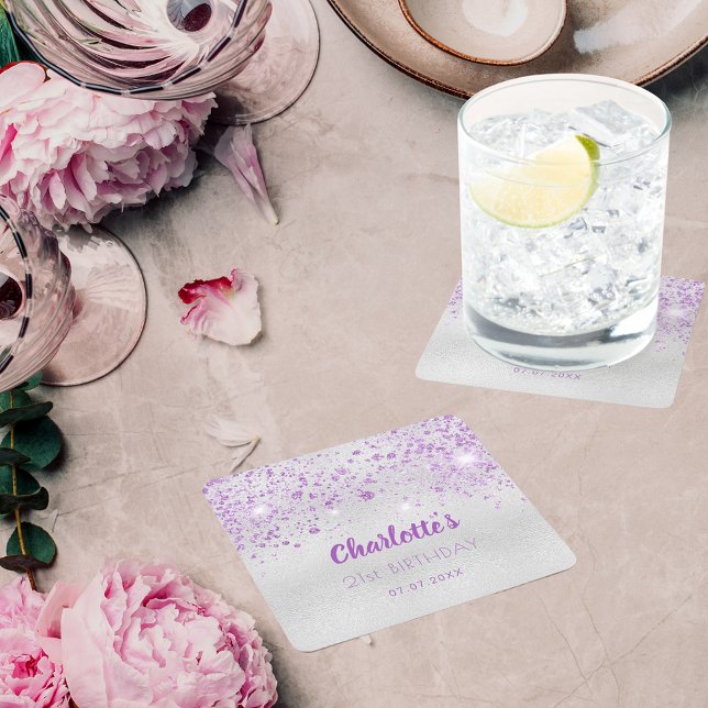 Posavasos Cuadrado De Papel Monograma purpurina púrpura plateado de cumpleaños (Subido por el creador)