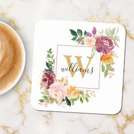 Posavasos Cuadrado De Papel Monograma Rosa de acuarela elegante Botánica flora