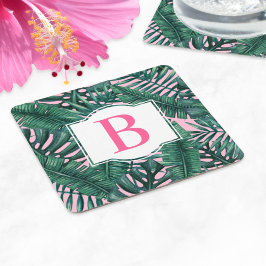 Posavasos Cuadrado De Papel Monograma rosa de hojas de palmera verde tropical