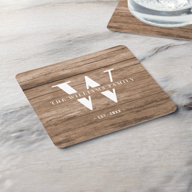 Posavasos Cuadrado De Papel Monograma Rústico Moderno Nombre Familia Madera Vi (Subido por el creador)