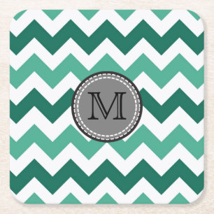 Posavasos Cuadrado De Papel Monograma Turquesa y Mint Chevron Zigzag