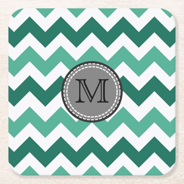 Posavasos Cuadrado De Papel Monograma Turquesa y Mint Chevron Zigzag (Anverso)