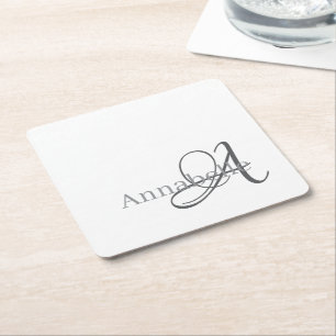Posavasos Cuadrado De Papel Monograma y nombre blanco mínimo y simple