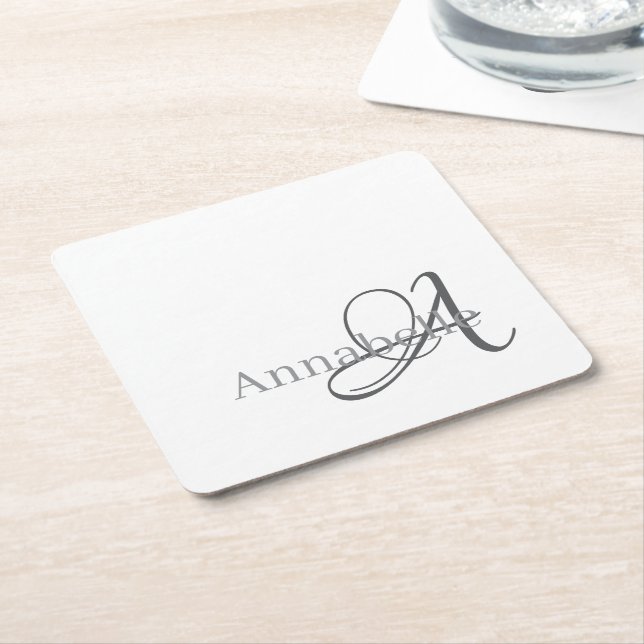 Posavasos Cuadrado De Papel Monograma y nombre blanco mínimo y simple (En perspectiva)