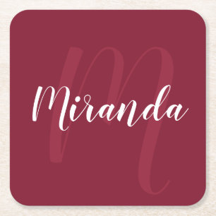 Posavasos Cuadrado De Papel Monograma y nombre personalizados de la Red Borgoñ