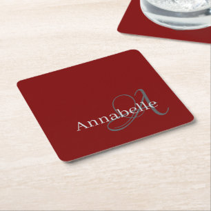 Posavasos Cuadrado De Papel Monograma y nombre rojo mínimo y simple