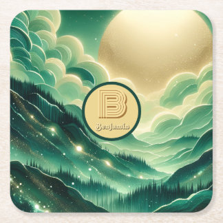 Posavasos Cuadrado De Papel Monogramado del Purpurina Gradient Emerald Kelly G