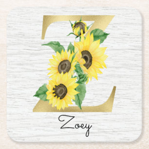 Posavasos Cuadrado De Papel Monogramado Gold Floral de girasol inicial Z