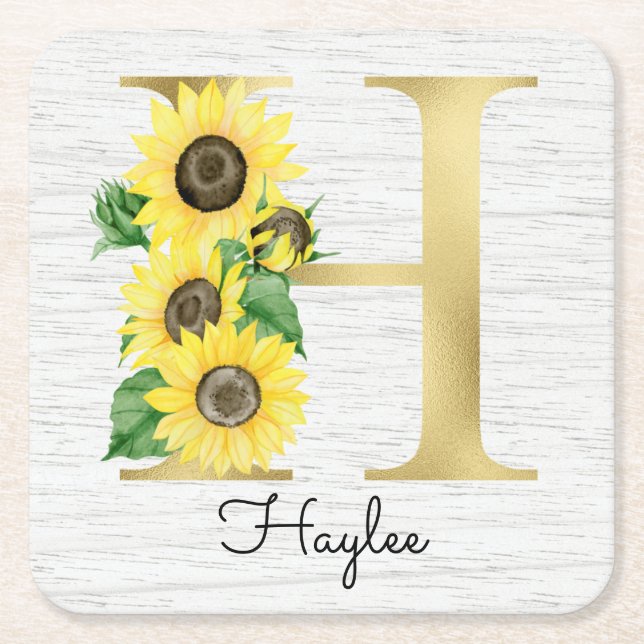 Posavasos Cuadrado De Papel Monogramado Gold Sunflowers Inicial H (Anverso)