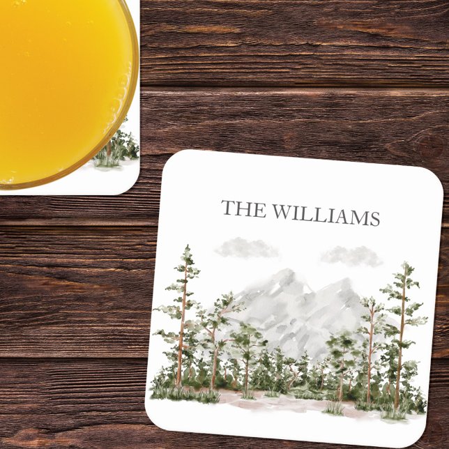 Posavasos Cuadrado De Papel Monogramaje de la Montaña de las Acuarelas y el Bo (In situ)