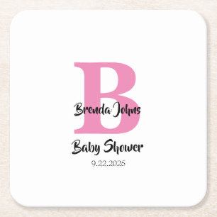 Posavasos Cuadrado De Papel Monogramas Baby Shower Color blanco rosado simple