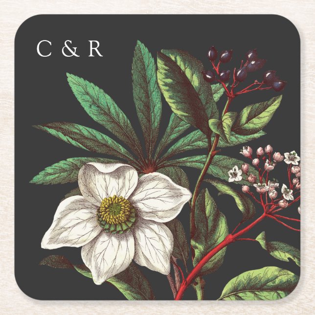 Posavasos Cuadrado De Papel Monogramas grises Rosa de Navidad moderno de cosec (Anverso)