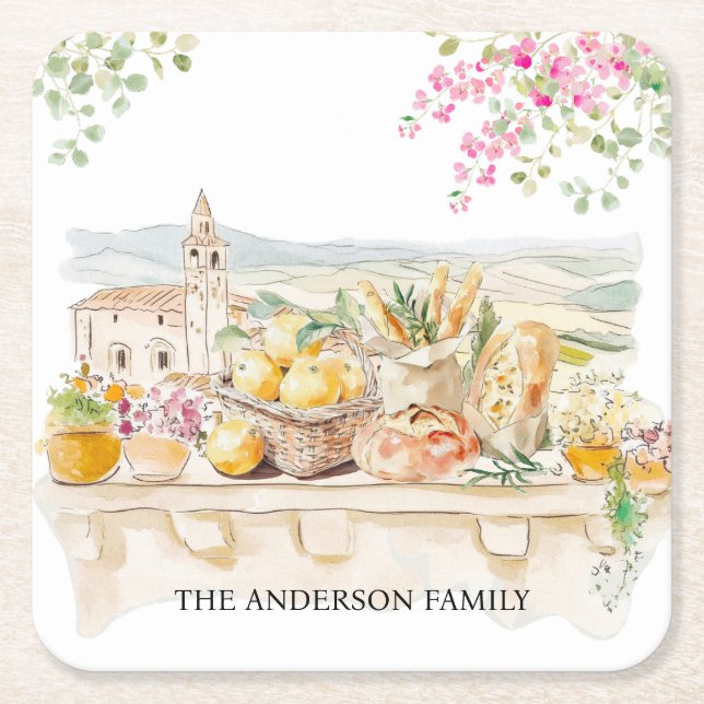 Posavasos Cuadrado De Papel Monogrammed Watercolor Tuscany Mediterranean Italy (Anverso)