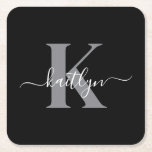 Posavasos Cuadrado De Papel Monogramo de papel con nombre inicial gris negro<br><div class="desc">Estos elegantes y sencillos empaques de papel cuadrado negro con tu nombre en un tipo de letra de guión a la moda en blanco tecleado sobre tu primera línea en un moderno tipo de letra de tapón en gris son perfectos para mantener tus mesas y mostradores libres de anillos de...</div>