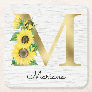 Posavasos Cuadrado De Papel Monomagrama girasol dorado floral inicial M femeni