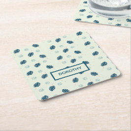 Posavasos Cuadrado De Papel Monstera tropical deja monograma en azul