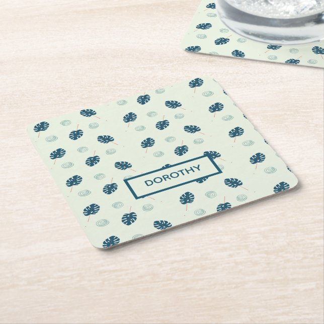 Posavasos Cuadrado De Papel Monstera tropical deja monograma en azul (En perspectiva)