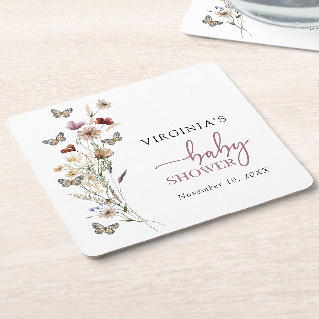 Posavasos Cuadrado De Papel Monstruo Baby Shower de Flor Rosada (Dusty Pink Boho Wildflower Baby Shower Coaster with Butterflies by Painted Paperie
)