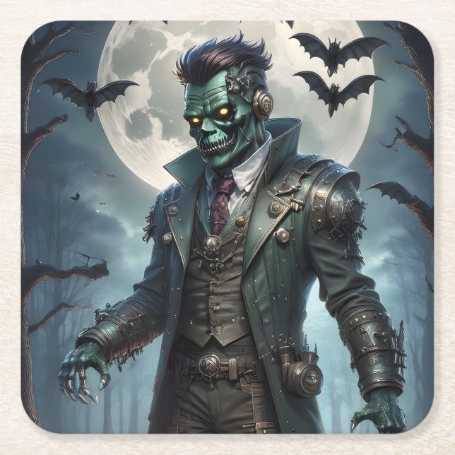 Posavasos Cuadrado De Papel Monstruo de Frankenstein Steampunk de Halloween (Anverso)