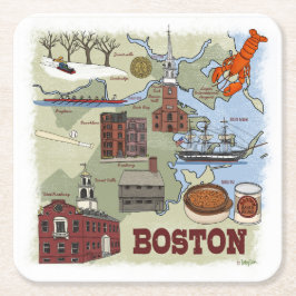 Posavasos Cuadrado De Papel Monstruo de mapas ilustrado de Boston