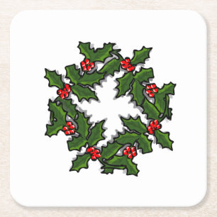 Posavasos Cuadrado De Papel Monstruo de papel - correa de hojas y bayas holly