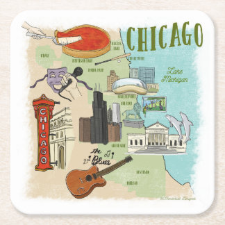 Posavasos Cuadrado De Papel Monstruo de papel de mapa ilustrado de Chicago