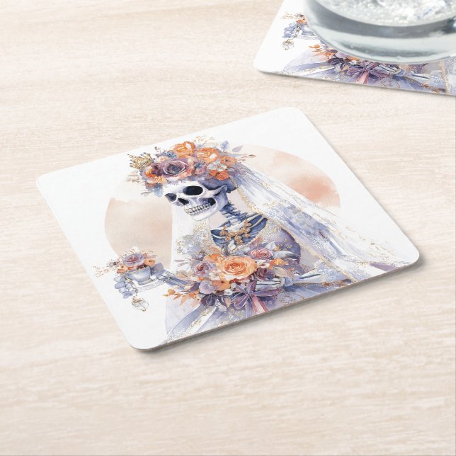 Posavasos Cuadrado De Papel Monstruo de papel esqueleto de Halloween (En perspectiva)