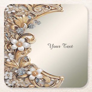 Posavasos Cuadrado De Papel Monstruo de papel floral blanco dorado decorativo