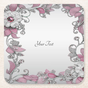 Posavasos Cuadrado De Papel Monstruo de papel floral blanco rosado plateado