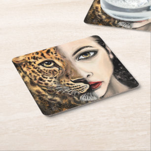 Posavasos Cuadrado De Papel Monstruo de papel Leopard Chica