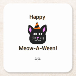 Posavasos Cuadrado De Papel Monstruo de papel Meow-A-Ween para gato negro