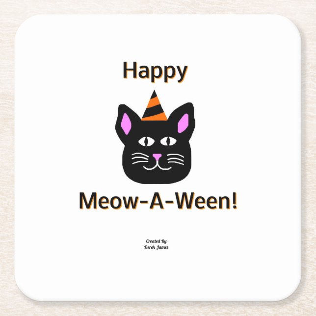 Posavasos Cuadrado De Papel Monstruo de papel Meow-A-Ween para gato negro (Anverso)