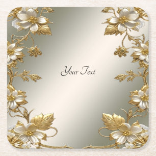 Posavasos Cuadrado De Papel Monstruo de papel Ornato de Oro Floral Blanco