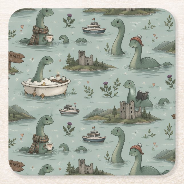 Posavasos Cuadrado De Papel Monstruo del Lago Ness  (Anverso)