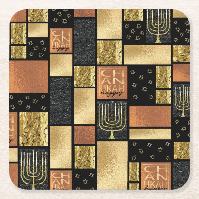 Posavasos Cuadrado De Papel Montaje dorado de Chanukah (Anverso)