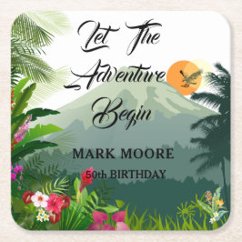 Posavasos Cuadrado De Papel Montaña, bosque y atardecer