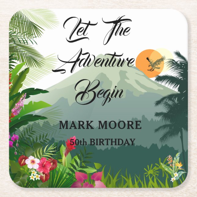 Posavasos Cuadrado De Papel Montaña, bosque y atardecer (Anverso)