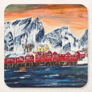Posavasos Cuadrado De Papel Montaña de arte de aldea pesquera de Noruega