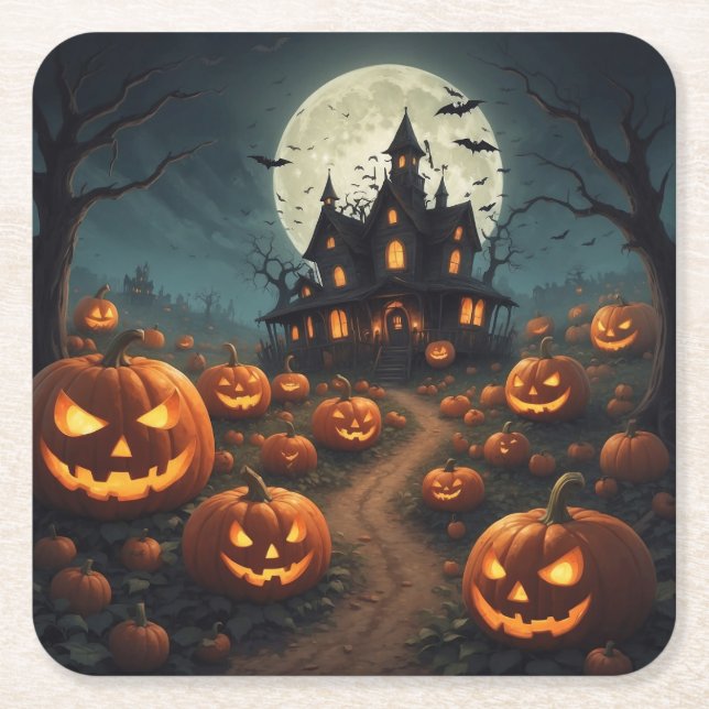 Posavasos Cuadrado De Papel montaña rusa de halloween (Anverso)