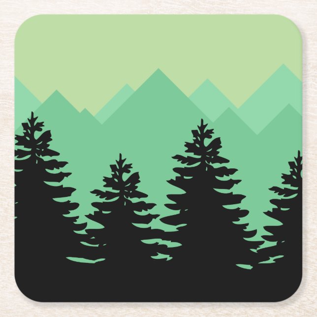Posavasos Cuadrado De Papel Montañas rusticas y silueta de árboles forestales (Anverso)
