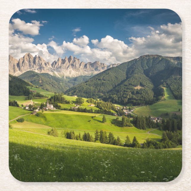 Posavasos Cuadrado De Papel Montañas | Valle de Funes, Dolomitas, Italia (Anverso)