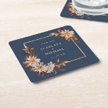Posavasos Cuadrado De Papel Montura de papel de Boda azul de la marina<br><div class="desc">Proporcione un toque personalizado a su recepción con la montaña rusa de papel Boda de la Marina que incluye los nombres de la novia y del Groom de la "colección de invitaciones a la boda de floral y de hojas de la Marina Azul de la Marina de Otoño". Estas galerías...</div>