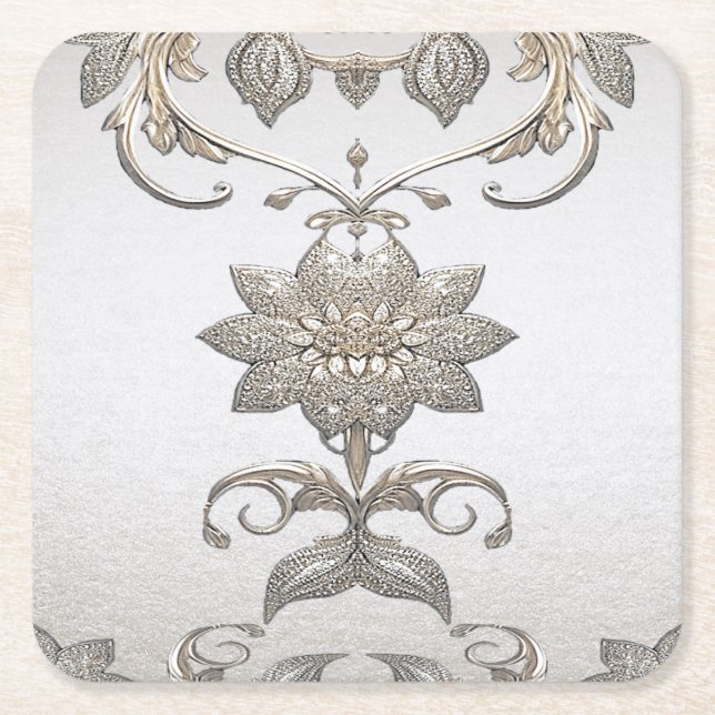 Posavasos Cuadrado De Papel Montura de papel floral de oro plateado (Anverso)