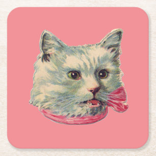 Posavasos Cuadrado De Papel Montura de papel para gato con brillo rosado