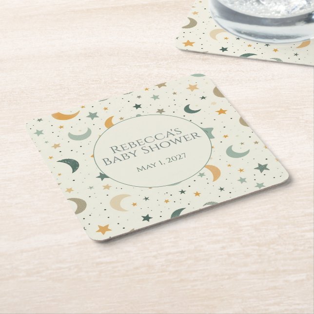 Posavasos Cuadrado De Papel Moon and Stars Boho Baby Adoption Shower (En perspectiva)