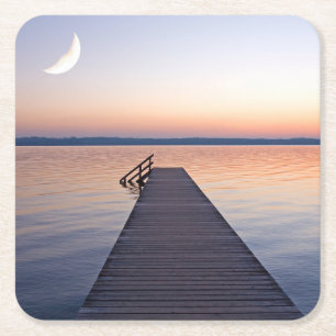 Posavasos Cuadrado De Papel Moon Over Buscharner Footbridge   Starnberg Lake