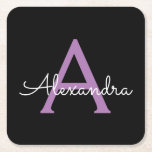 Posavasos Cuadrado De Papel Morado Black Script Girly Monograma Nombre<br><div class="desc">Máster de papel de monograma con escritura simple negra y púrpura. Esto hace que la graduación perfecta, el cumpleaños, el boda, la ducha de novia, el aniversario, la ducha de bebé o la fiesta de soltera sea un regalo para alguien que ama el lujo glam y los estilos de moda....</div>