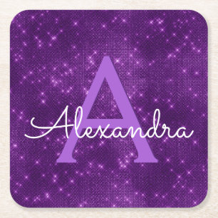 Posavasos Cuadrado De Papel Morado Bling & Sparkle Monograma Cumpleaños