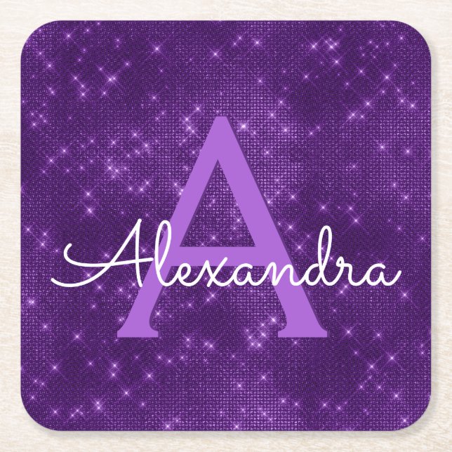 Posavasos Cuadrado De Papel Morado Bling & Sparkle Monograma Cumpleaños (Anverso)