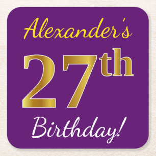 Posavasos Cuadrado De Papel Morado, Faux Gold 27th Birthday + Nombre personali